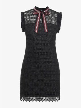 Sandro Black Lace Mini Dress with Red-Striped Bow